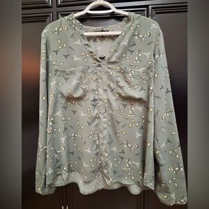 41 Hawthorn Green Floral Blouse Women’s Size L Long Sleeve Split Neck Top